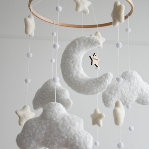 Personalized boucle clouds and moon baby nursery mobile, Neutral baby mobile, Neutral nursery mobile, Clouds mobile, Felted stars mobile image 1