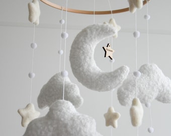 Personalized boucle clouds and moon baby nursery mobile, Neutral baby mobile, Neutral nursery mobile, Clouds mobile, Felted stars mobile