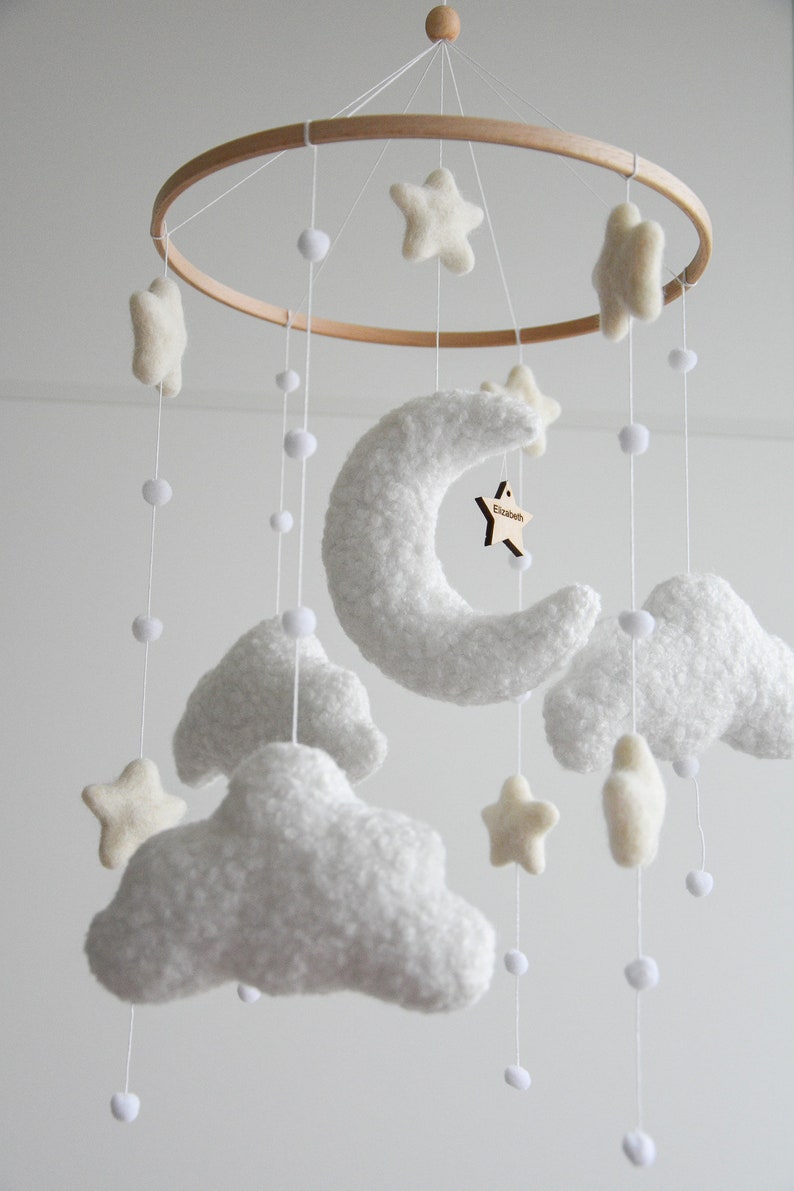 Personalized boucle clouds and moon baby nursery mobile, Neutral baby mobile, Neutral nursery mobile, Clouds mobile, Felted stars mobile image 1