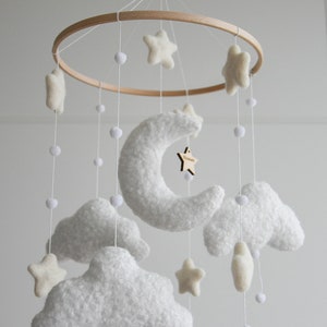 Personalized boucle clouds and moon baby nursery mobile, Neutral baby mobile, Neutral nursery mobile, Clouds mobile, Felted stars mobile image 2