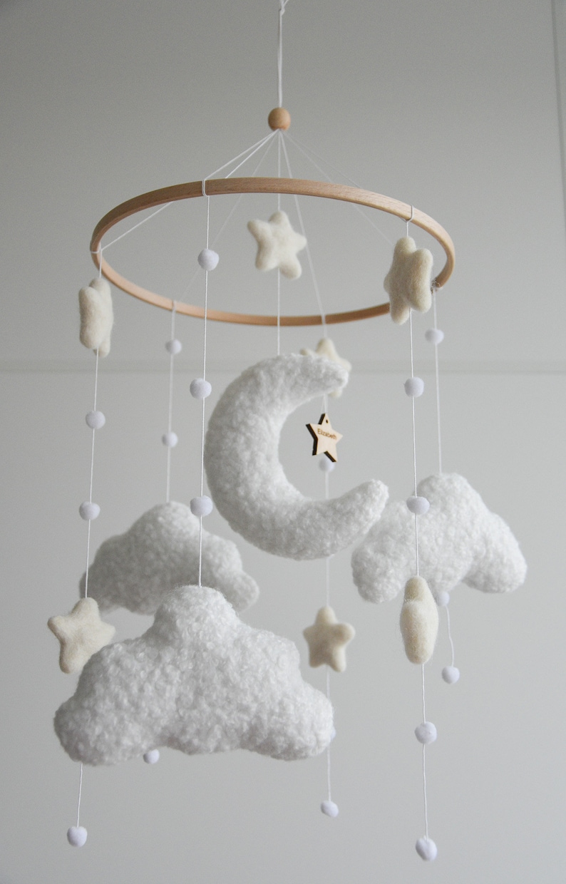 Personalized boucle clouds and moon baby nursery mobile, Neutral baby mobile, Neutral nursery mobile, Clouds mobile, Felted stars mobile image 2