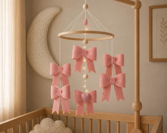 Pink Colorful Bow Felt Baby Mobile, Neutral Colors nursery decor, Newborn Cot Crib Mobile Carousel, Baby Shower Gift