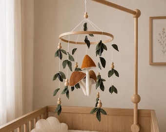 Forest-Themed Mushroom Baby crib Mobile, sage green nursery decor, baby shower gift for baby announcement