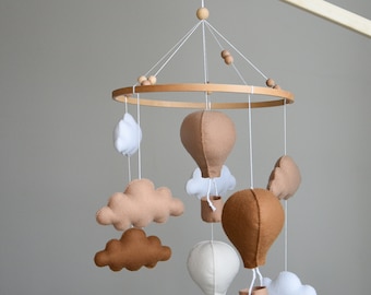 Beige and Brown air balloon nursery mobile, Clouds baby mobile, Baby crib hot air balloon hanging mobile, Boho nursery baby mobile