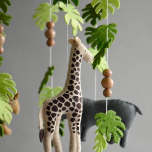 Baby mobile Safari neutral animals nursery mobile felt Africa safari giraffe, hippo, cheetah and elephant, wooden pearls mobile, Safari crib image 3