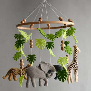 Mobile bébé Safari animaux neutres pour chambre d'enfant, feutre Safari Afrique girafe, hippopotame, guépard et éléphant, mobile de perles en bois, berceau Safari image 5