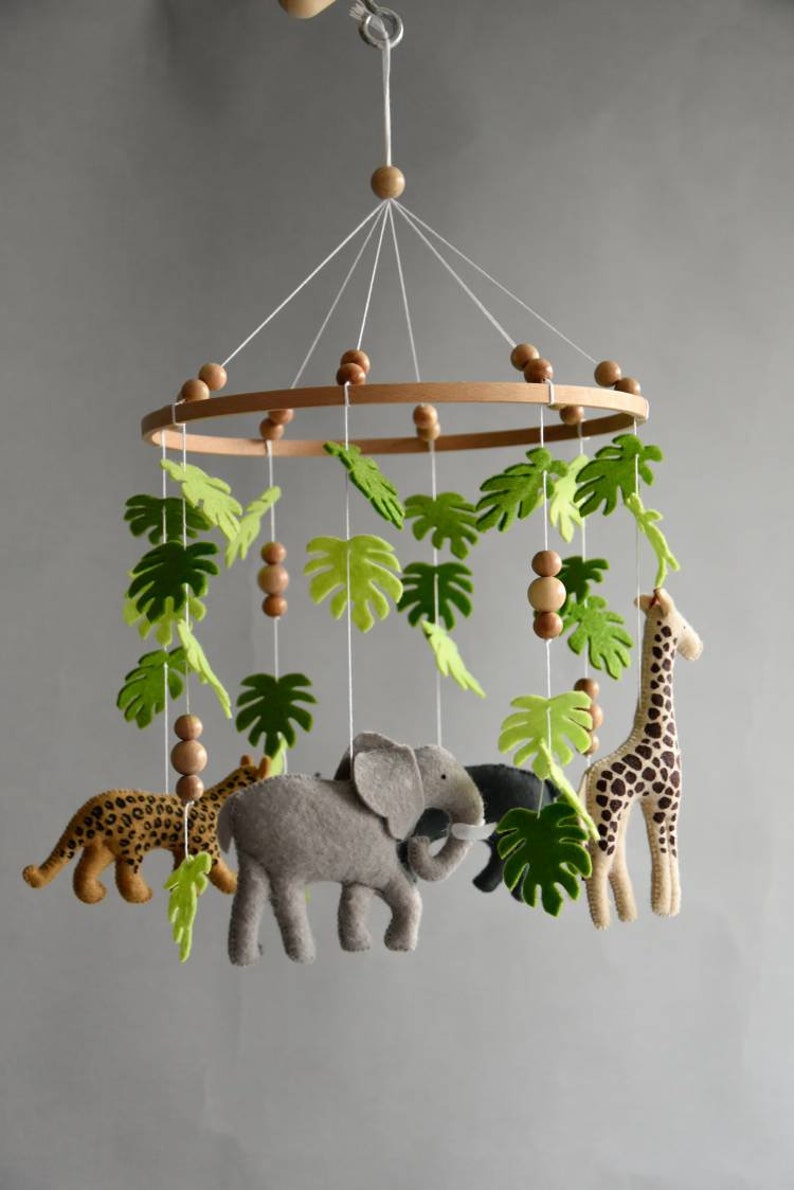 Baby mobile Safari neutral animals nursery mobile felt Africa safari giraffe, hippo, cheetah and elephant, wooden pearls mobile, Safari crib image 5