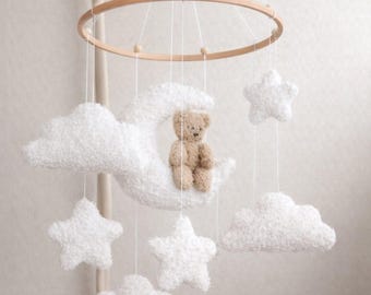 Boucle Teddy Bear Baby Mobile, White Clouds, Moon & Stars Neutral Nursery Decor, Newborn Cot Crib Mobile Carousel, Baby Shower Gift