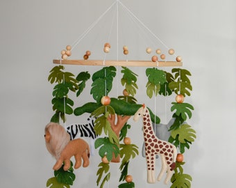 Baby safari mobile, Africa nursery felt giraffe lion zebra elephant monstera leaves, tree, wooden pearls, crib, nursery, baby shower gift