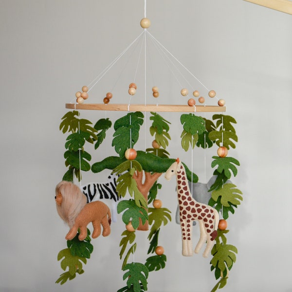 Baby safari mobile, Africa nursery felt giraffe lion zebra elephant monstera leaves, tree, wooden pearls, crib, nursery, baby shower gift