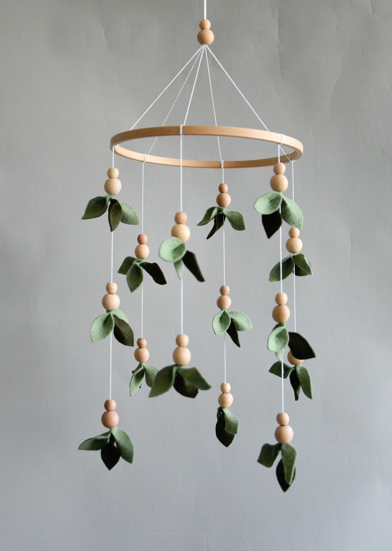Forest style baby crib mobile, Floral nursery baby mobile, Lighter and darker leaves, Leaf crib mobile, Baby shower gift, Minimalist mobile image 5