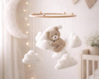 Teddy bear baby mobile, Neutral nursery mobile, Clouds baby mobile, Teddy bear nursery, Baby mobile, Neutral mobile, Boucle baby mobile