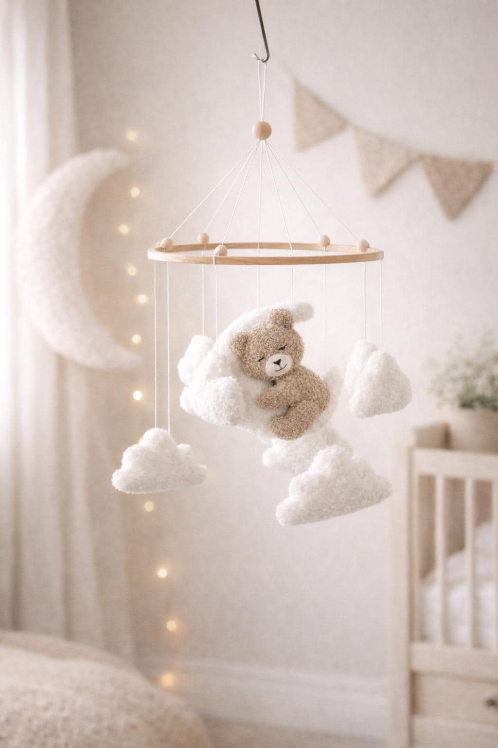 Teddy bear baby mobile, Neutral nursery mobile, Clouds baby mobile, Teddy bear nursery, Baby mobile, Neutral mobile, Boucle baby mobile