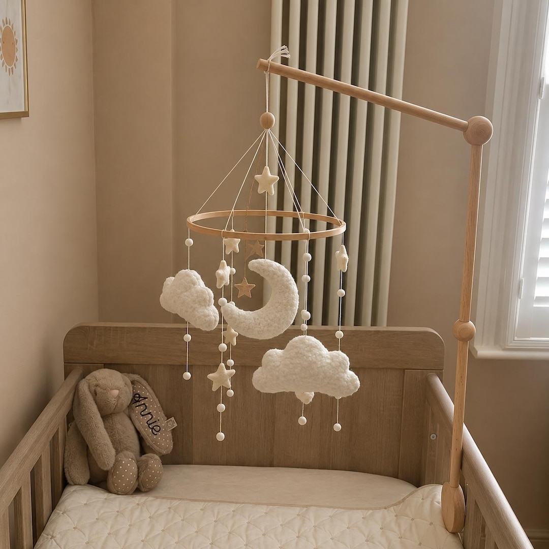 Personalized Boucle Clouds, Moon & Stars Baby Mobile, Neutral