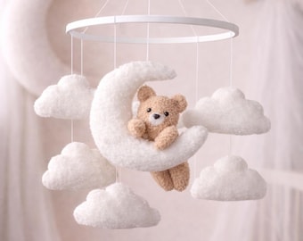 Teddy Bear Baby mobile, Neutral nursery mobile, Clouds baby mobile, Teddy bear nursery, Neutral nursery decor, Boucle baby mobile