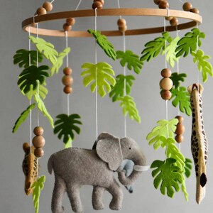 Baby mobile Safari neutral animals nursery mobile felt Africa safari giraffe, hippo, cheetah and elephant, wooden pearls mobile, Safari crib image 7