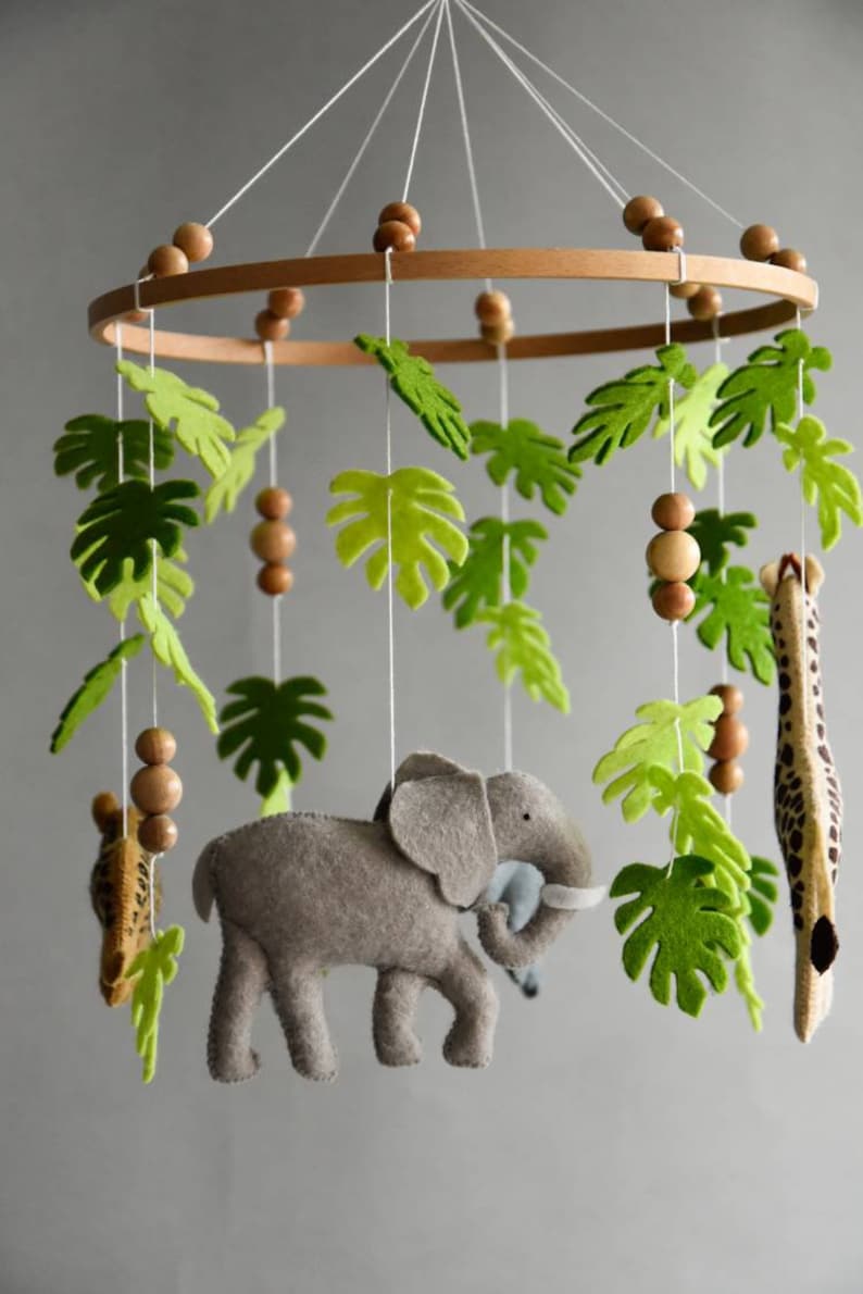 Baby mobile Safari neutral animals nursery mobile felt Africa safari giraffe, hippo, cheetah and elephant, wooden pearls mobile, Safari crib image 7