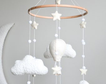 Hot air balloon boucle clouds and moon baby nursery mobile, Neutral baby mobile, Neutral nursery mobile, Clouds mobile, Felted stars mobile