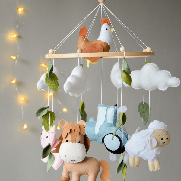 Farm baby nursery mobile, Farmhouse crib mobile, Farm animals nursery mobile, Cow, Pig, Chicken, Horse, Tractor, Sheep, Cow baby mobile