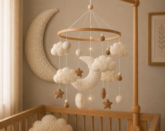 Personalized Boucle Baby Mobile, Moon, Stars, Clouds, Neutral Nursery Decor, Baby shower gift