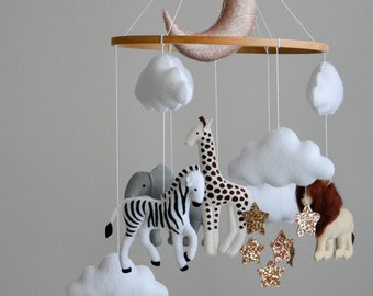 Baby girl safari mobile, Neutral safari animals nursery mobile, Baby crib safari animals mobile, giraffe, elephant, zebra lion, Newborn gift