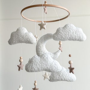 Boucle clouds and moon baby nursery mobile, Neutral baby mobile, Neutral nursery mobile, Clouds mobile, Felted stars mobile, personalized