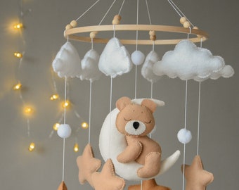 Beige , brown baby mobile with sleeping bear, Baby bear nursery mobile, Moon, stars and clouds crib mobile, Boho nursery mobile, Animals