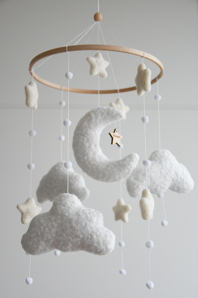 Personalized boucle clouds and moon baby nursery mobile, Neutral baby mobile, Neutral nursery mobile, Clouds mobile, Felted stars mobile image 4