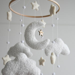 Personalized boucle clouds and moon baby nursery mobile, Neutral baby mobile, Neutral nursery mobile, Clouds mobile, Felted stars mobile image 5