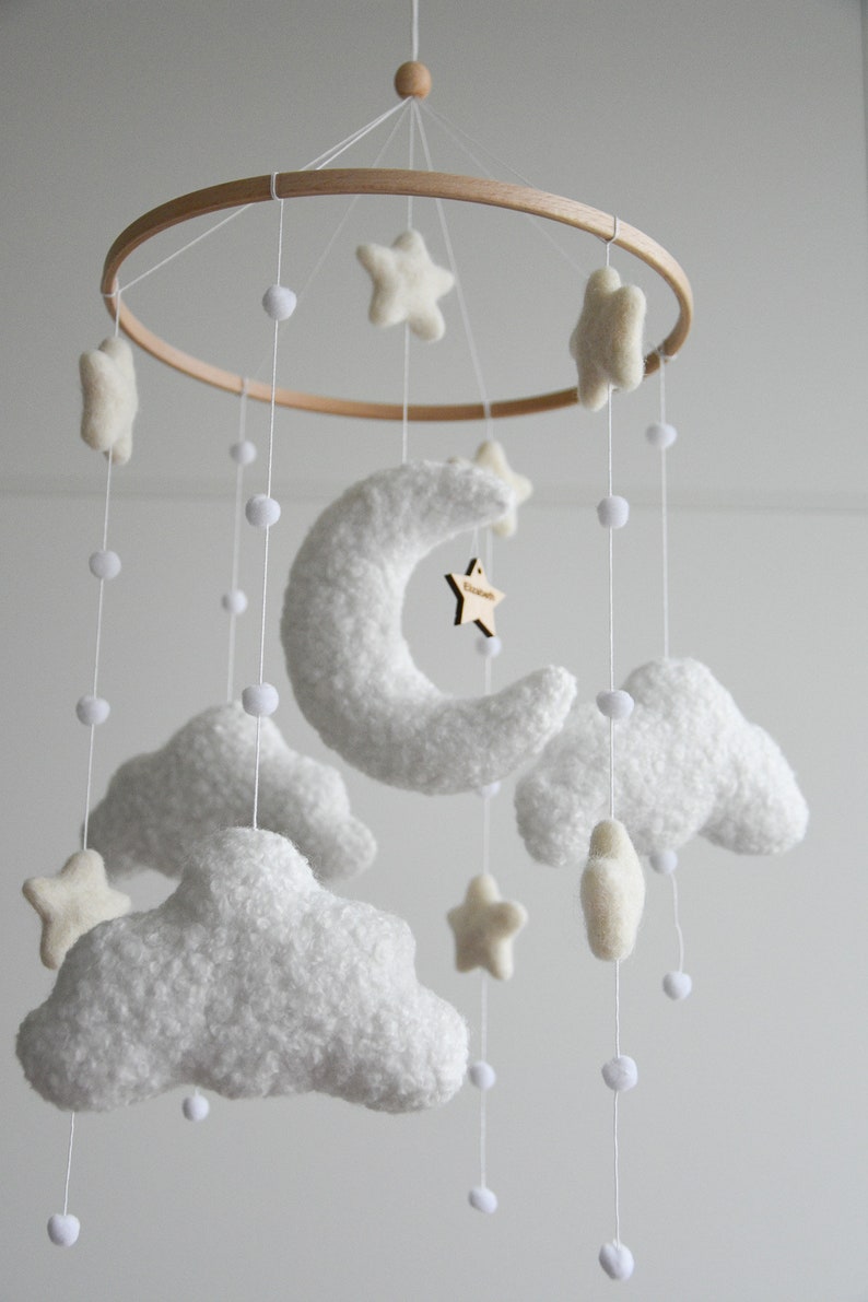 Personalized boucle clouds and moon baby nursery mobile, Neutral baby mobile, Neutral nursery mobile, Clouds mobile, Felted stars mobile image 5