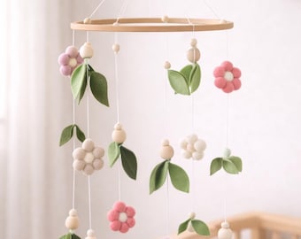 Floral Themed Baby Mobile, Green Leaves & Felt Flowers Neutral Earthy nursery decor, Newborn Cot Crib Mobile Carousel, Baby Shower Gift