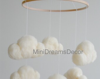 Felted cloud baby nursery mobile, Neutral baby cloud mobile, Cloud crib mobile, Minimalist baby mobile, Cloud mobile, Newborn baby mobile