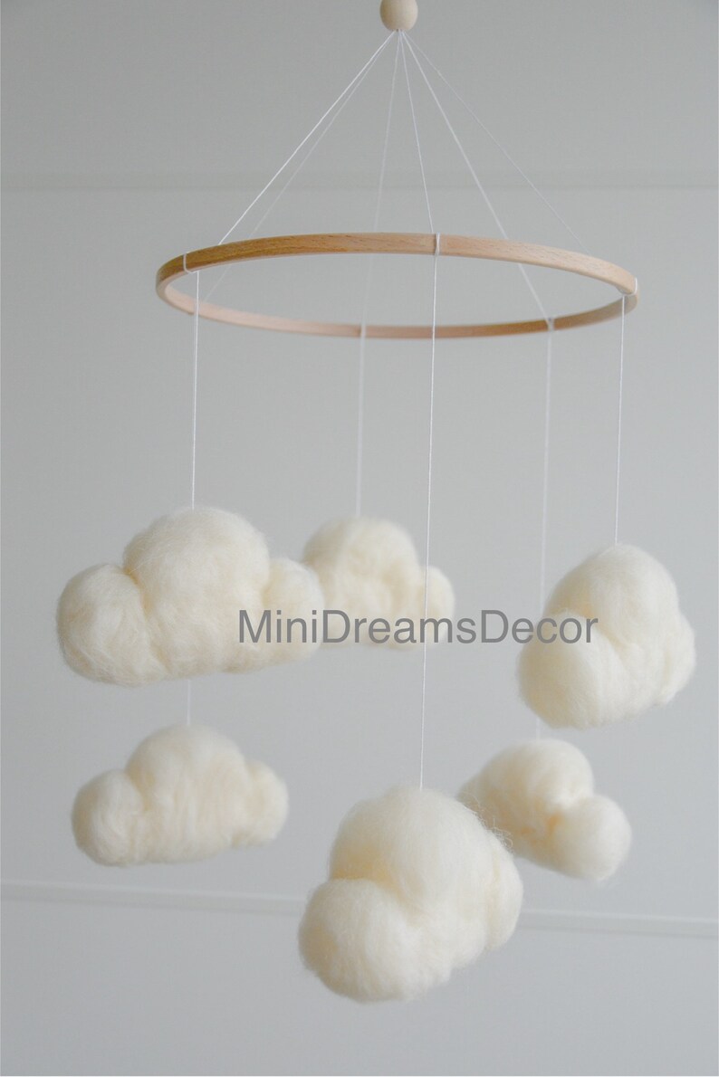 Felted cloud baby nursery mobile, Neutral baby cloud mobile, Cloud crib mobile, Minimalist baby mobile, Cloud mobile, Newborn baby mobile image 1