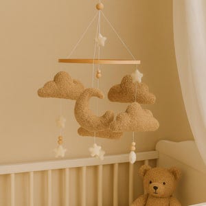 Boucle clouds and moon baby nursery mobile, Neutral baby mobile, Neutral nursery mobile, Clouds mobile, Felted stars mobile, personalized