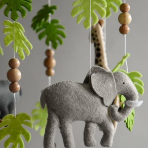 Baby mobile Safari neutral animals nursery mobile felt Africa safari giraffe, hippo, cheetah and elephant, wooden pearls mobile, Safari crib image 2