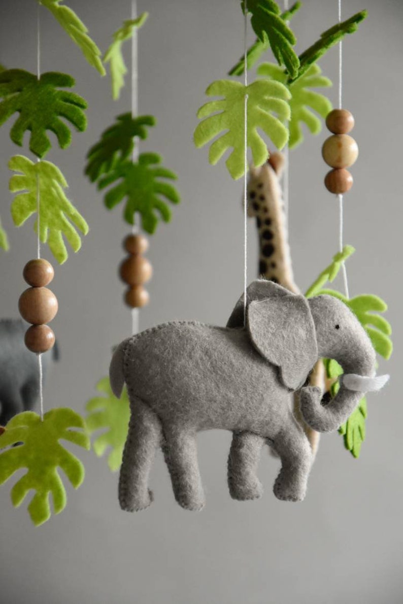 Baby mobile Safari neutral animals nursery mobile felt Africa safari giraffe, hippo, cheetah and elephant, wooden pearls mobile, Safari crib image 2