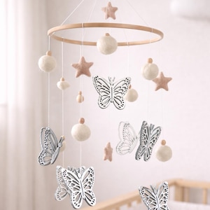 Wooden Butterflies Baby Mobile, Wooden buttefly crib mobile, Felted Balls & Stars baby nursery crib cot mobile, Floral Butterfly Themed room