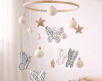 Wooden Butterflies Baby Mobile, Wooden buttefly crib mobile, Felted Balls & Stars baby nursery crib cot mobile, Floral Butterfly Themed room