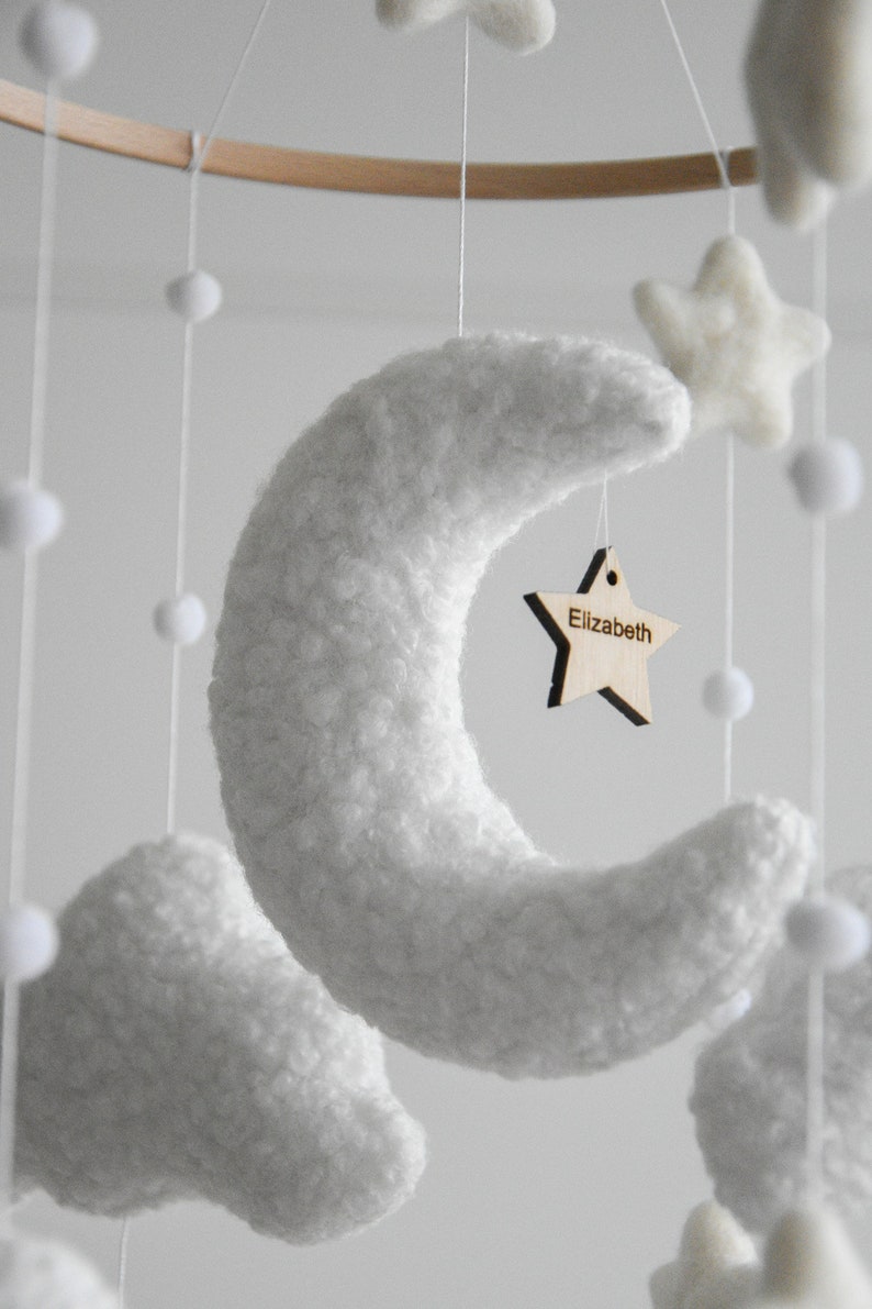 Personalized boucle clouds and moon baby nursery mobile, Neutral baby mobile, Neutral nursery mobile, Clouds mobile, Felted stars mobile image 3