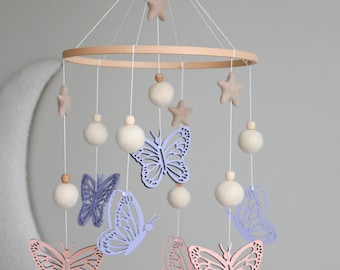 Butterfly baby mobile, Wooden butterlies crib mobile, Felted balls and stars baby nursery mobile, Butterfly nursery mobile, Floral