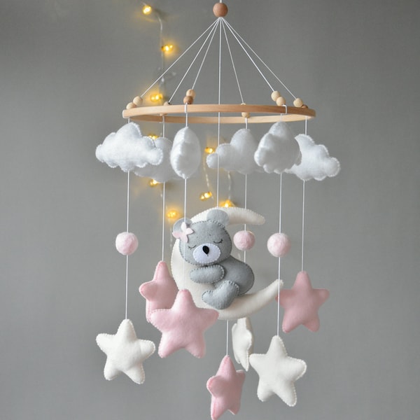 Baby girl pink mobile with gray sleeping bear, Nursery felt mobile, Clouds, stars, moon cot mobile, Handmade bear mobile, Baby girl mobile