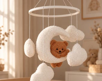 Teddy bear baby mobile, Neutral nursery mobile, Clouds baby mobile, Teddy bear nursery, Baby mobile, Neutral mobile, Boucle baby mobile