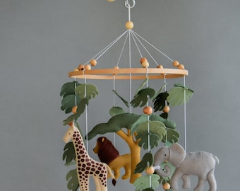 Baby safari mobile,  Africa nursery felt giraffe lion zebra elephant monstera leaves, tree, wooden pearls, crib, nursery, baby shower gift