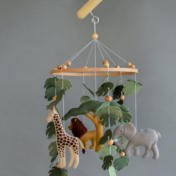 Baby safari mobile,  Africa nursery felt giraffe lion zebra elephant monstera leaves, tree, wooden pearls, crib, nursery, baby shower gift