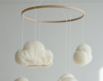 Felted clouds baby nursery mobile, baby shower gift for baby announcement