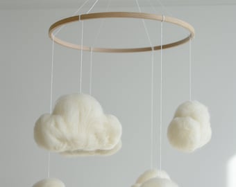 Felted cloud baby nursery mobile, Neutral baby cloud mobile, Cloud crib mobile, Minimalist baby mobile, Cloud mobile, Newborn baby mobile