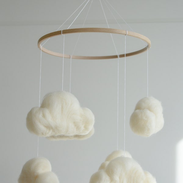 Felted cloud baby nursery mobile, Neutral baby cloud mobile, Cloud crib mobile, Minimalist baby mobile, Cloud mobile, Newborn baby mobile