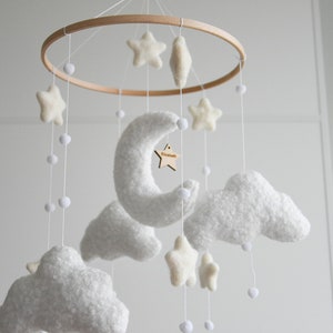 Personalized boucle clouds and moon baby nursery mobile, Neutral baby mobile, Neutral nursery mobile, Clouds mobile, Felted stars mobile image 7