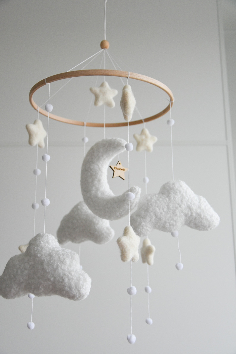 Personalized boucle clouds and moon baby nursery mobile, Neutral baby mobile, Neutral nursery mobile, Clouds mobile, Felted stars mobile image 7