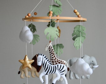 Baby mobile Safari neutral animals nursery mobile felt Africa safari giraffe, lion, zebra and elephant, Crib mobile star and clouds mobile.